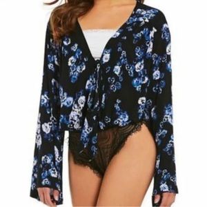 Free People Bell Sleeves Forties Feels Intimately Bodysuit in Black Combo Size S